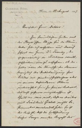 Brief an Ludwig Strecker <senior> und Mainzer Liedertafel und Damengesangverein, B. Schott's Söhne : 28.08.1897