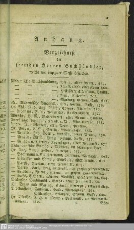 Verzeichniß der fremden Herren Buchhändler, welche die Leipziger Messe besuchen