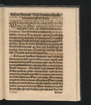 Achter Articul/ Von Gevatterschafft/ und von anzahl der Paten