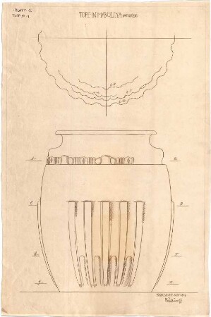 Billing, Hermann; Karlsruhe (Baden-Württemberg); Majolika-Entwürfe, Großherzogliche Manufaktur - Topf in Majolika, Topf Nr. 1 (Grundriss; Ansicht)