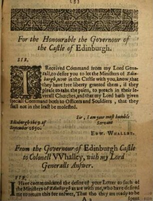 Letters and passages between O. Cromwell and the governor of Edinburgh Castle, and the Ministers there