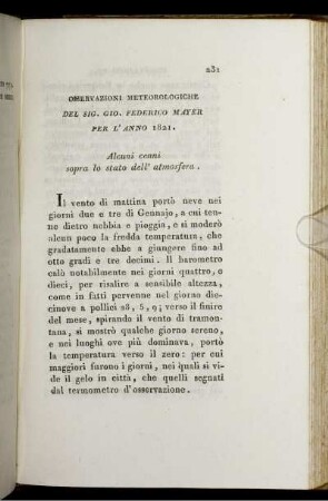 Osservazioni Meteorologiche Del Sig. Gio. Federico Mayer Per L' Anno 1821.