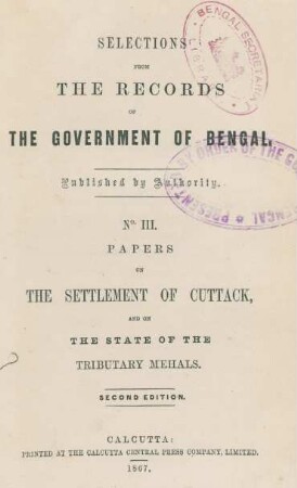 Papers on the settlement of Cuttack, and on the state of the Tributary Mehals