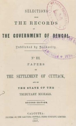 Papers on the settlement of Cuttack, and on the state of the Tributary Mehals