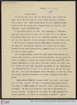 Nachlass Gustav Radbruch. Korrespondenz Hermann Kantorowicz/Gustav Radbruch: Brief von Hermann Kantorowicz an Gustav Radbruch