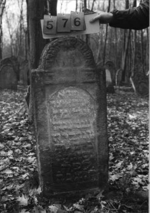Grabstein 576 (Index: 99753063) Material: Sandstein Zustand: stark verwittert mit Textverlust Maße HxBxT: 111x46x13 cm Beschreibung: Stele, eingezog. Rundbogenabschluß, Schriftfeld eingetieft mit Segmentbogenabschluß Besonderheit: Schrift erhaben: Grabstein 576
