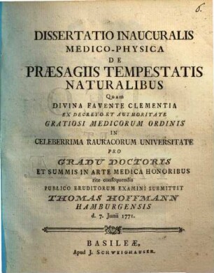 Dissertatio Inauguralis Medico-Physica De Praesagiis Tempestatis Naturalibus