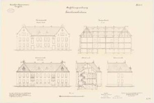 Kavallerie Kasernement II, Danzig-Langfuhr Familienwohnhaus: Querschnitt, Längsschnitt, Seitenansicht, Hinteransicht und Vorderansicht, 1:100