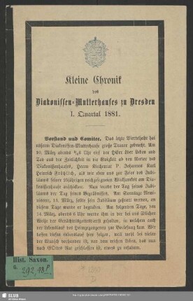 1881,1: Kleine Chronik des Diakonissen-Mutterhauses zu Dresden