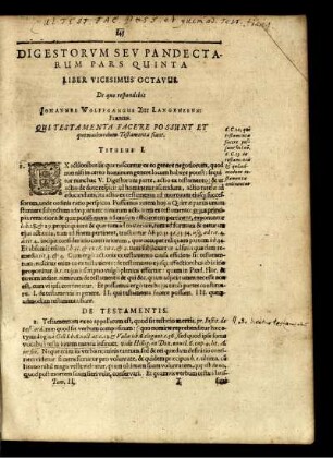 ... Liber Vicesimus Octavus ...Qui Testamenta Facere Possunt Et quemadmodum Testamenta fiant