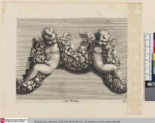[Zwei Amoretten verflochten mit einer Frucht- und Blumengirlande; Deux Amours, enlacés dans une guirlande de feuilles et de fruits]