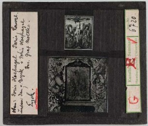 zu Jan van Eyck: Oben: Joris Hoefnagel, Kreuzigung. Paris, Louvre. Unten: Van Eyck u. Joris Hoefnagel. Mus. Graf Moltke
