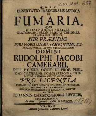 Dissertatio Inauguralis Medica De Fumaria