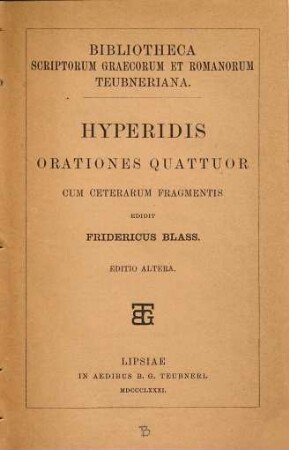 Hyperidis orationes quattuor cum ceterarum fragmentis