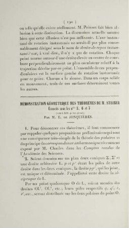 Démonstration géométrique des théorèmes de M. Steiner.