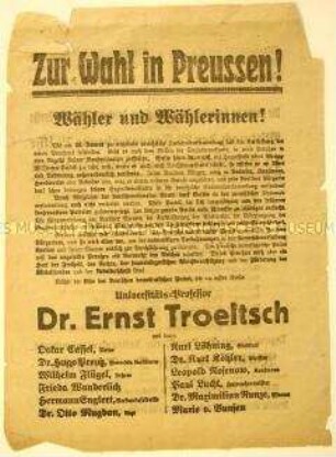 Programmatischer Wahlaufruf der Deutschen demokratischen Partei zur Unterstützung der Liste Ernst Troeltsch zur Wahl der preußischen Nationalversammlung