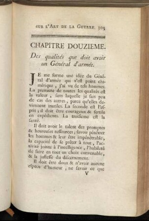 Chapitre douzieme. Des qualités que doit avoir un Général d`armée.