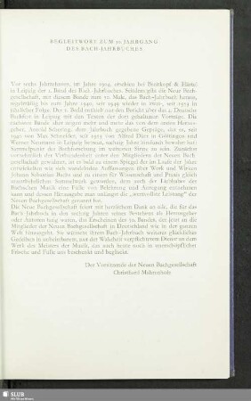 Begleitwort zum 50. Jahrgang des Bach-Jahrbuches