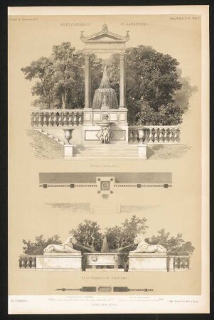 Fontainenbau in Sanssouci, Potsdam: Löwenbrunnen, Baldachinfontäne: Perspektivische Ansichten, Grundrisse (aus: Atlas zur Zeitschrift für Bauwesen, hrsg. v. G. Erbkam, Jg. 3, 1853)