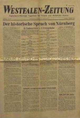 Regionale Tageszeitung "Westfalen-Zeitung" zur Urteilsverkündung im Nürnberger Kriegsverbrecherprozess