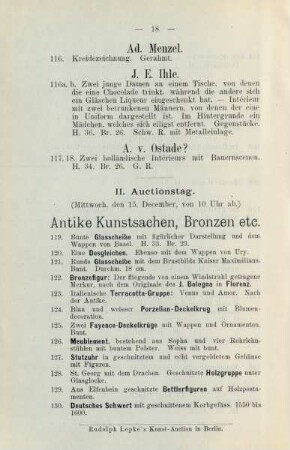 II. Auctionstag. (Mittwoch, den 15. December, von 10 Uhr ab.) Antike Kunstsachen, Bronzen etc.
