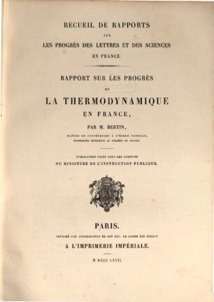 Rapport sur les progrès de la thermodynamique en France