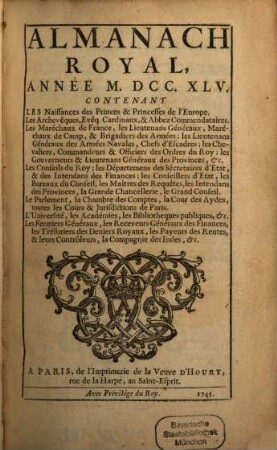 Almanach royal. 1745, 1745