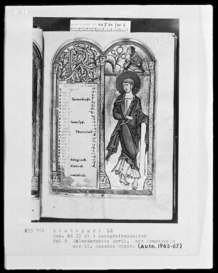 Psalterium (sogenannter Landgrafenpsalter) — Kalendar, Folio 1verso-7recto — Buchseite April mit Apostel Jakobus Minor und Monatsbild, Folio 3recto