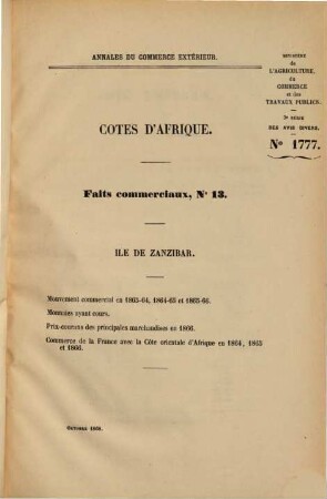 Annales du commerce extérieur. Côtes d'Afrique. Faits commerciaux. 13/15. 1867/74