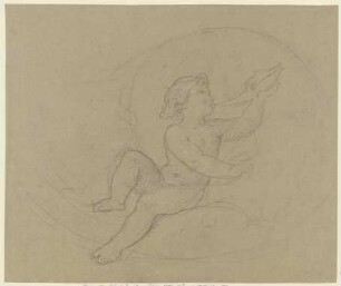 Putto zwischen Ranken, in ein Muschelhorn blasend