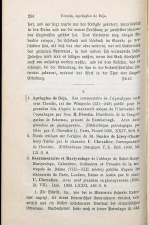 286-289 [Rezension] Férotin, Dom Marius, Apringius de Béja. Son commentaire de l’apocalypse. Écrit sous Theudis, roi des Wisigoths (531 - 548)