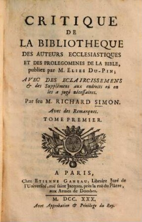 Critique de la bibliothèque des auteurs ecclésiastiques et des prolégomenes de la bible, 1