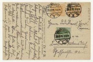 Postkarte von Kurt Schwitters an Raoul Hausmann mit Abbildung "Kurt Schwitters. Das große Ichbild. (Merzbild.)". Hannover