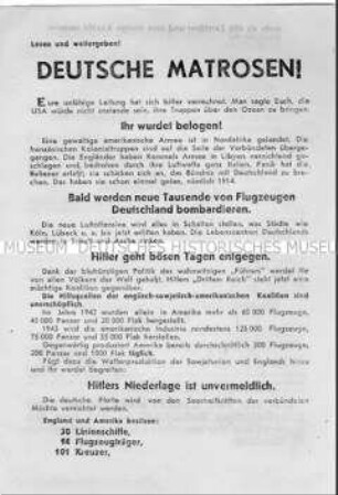 Abwurf-Flugblatt der Alliierten mit Aufruf an die deutschen Matrosen, aufgrund der Überlegenheit der alliierten Luftwaffe Hitler und seinen Admiralen die Gefolgschaft zu verweigerm