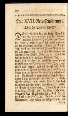 Der XVII. Gewissensscrupel. Ueber die Sabbathsfeyer