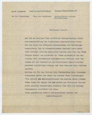 Brief von Raoul Hausmann an die Funk-Stunde / Redaktion. Berlin