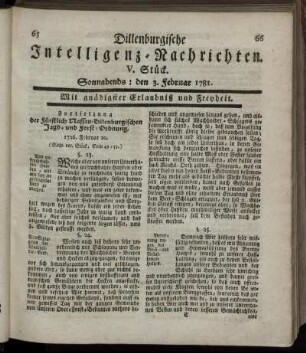V. Stück. Sonnabends: den 3. Februar 1781.