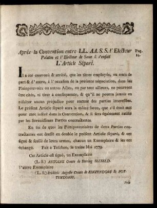 Aprés la Convention entre LL.AA.S.S. l'Electeur Palatin et l'Electeur de Saxe il s'ensuit L'Article Séparé