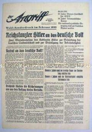 Sonderausgabe der NS-Zeitung "Der Angriff" zur Reichstagswahl im März 1933 mit dem Wortlaut des Aufrufs Hitlers an das deutsche Volk
