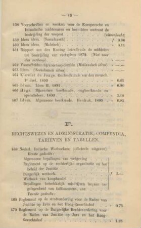 F. Rechtswezen en administratie, compendia, tarieven en tabellen
