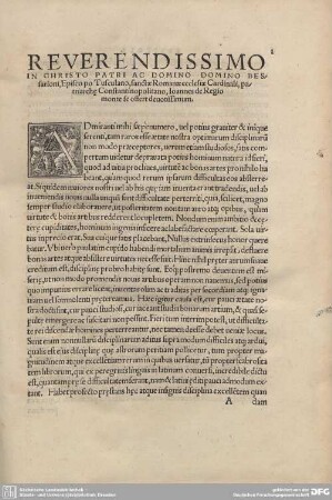 Reverendissimo in Christo Patri ac Domino Domino Bessarioni, Episco po Tusculano, sanctae Romanae ecclesia Cardinali, pamonte se offert deuotissimum.