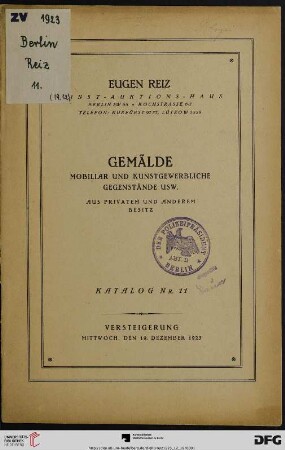 Gemälde, Mobiliar und kunstgewerbliche Gegenstände usw. aus privatem und anderem Besitz : Versteigerung 19. Dezember 1923 (Katalog Nr. 11)