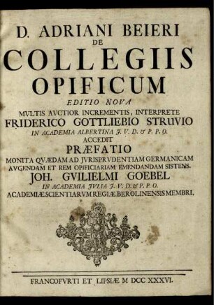 D. Adriani Beieri De Collegiis Opificum