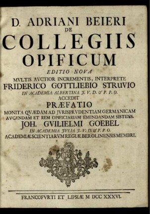 D. Adriani Beieri De Collegiis Opificum