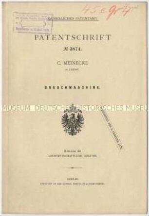 Patentschrift einer Dreschmaschine, Patent-Nr. 3874
