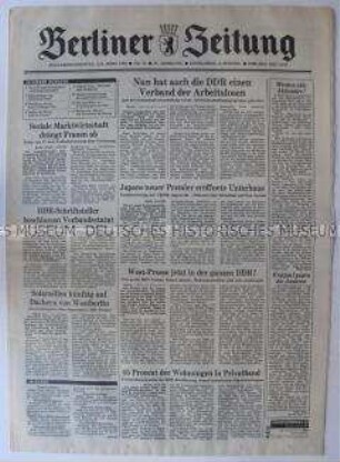 Tageszeitung "Berliner Zeitung" u.a. zur Gründung des Verbandes der Arbeitslosen in der DDR