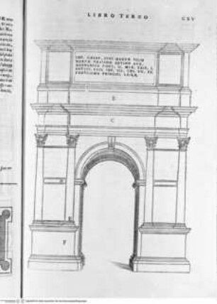 Il Terzo Libro di Sabastiano Serlio Bolognese, nel qual si figurano, e descrivono le antiquità di Roma ..., Folio CXV: Triumphbogen, Benevent, Ansicht