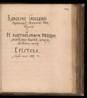 [Brief von Rodolph Goclenius an M. Bartholomäus Meier (1587)]