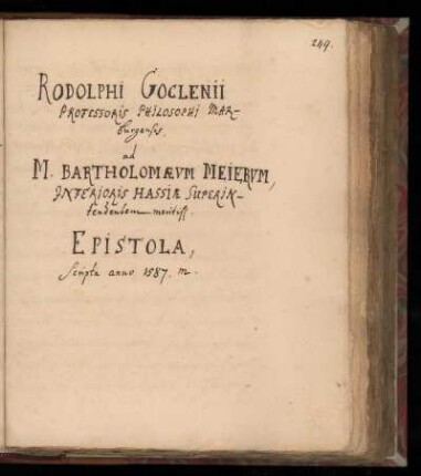 [Brief von Rodolph Goclenius an M. Bartholomäus Meier (1587)]