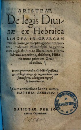 Aristeae, De legis Diuinae